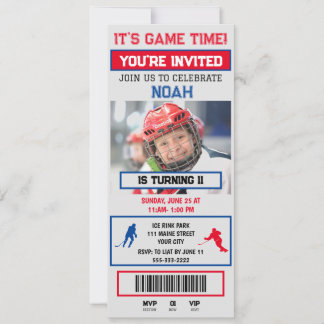 Invitación de cumpleaños con entrada de hockey gri
