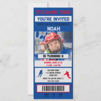 Invitación de cumpleaños con entrada de hockey gri