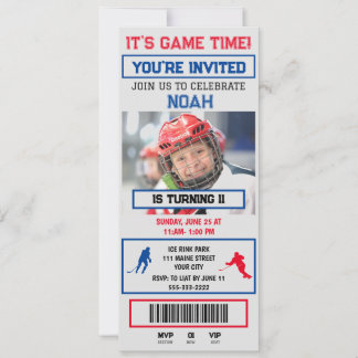 Invitación de cumpleaños con entrada de hockey gri
