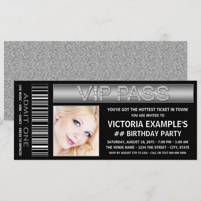 Invitación de cumpleaños con entrada de pase VIP n (Anverso / Reverso)