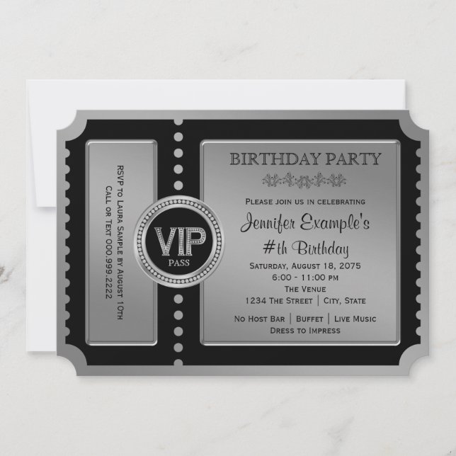 Invitación de cumpleaños con entrada de plata negr (Anverso)