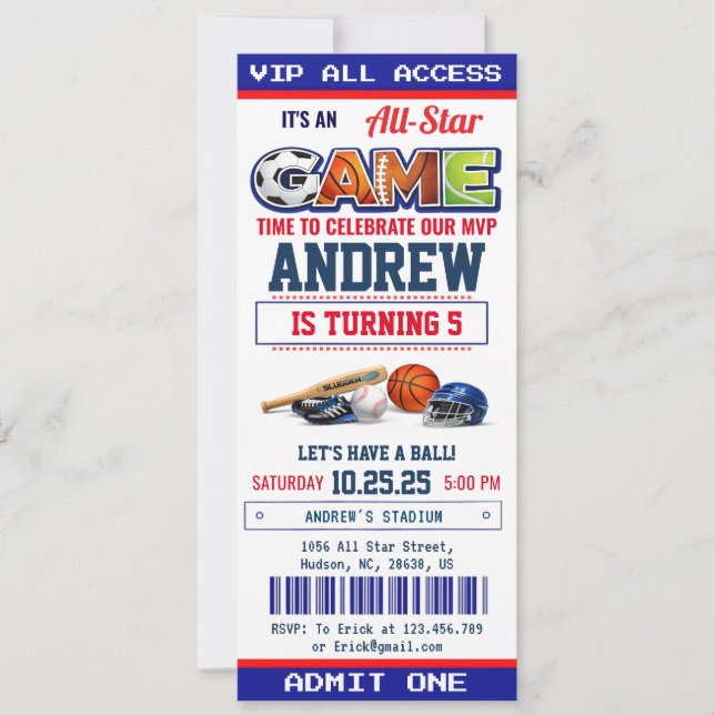 Invitación de cumpleaños con entrada para All Star (Anverso)