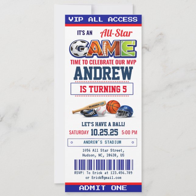 Invitación de cumpleaños con entrada para All Star (Anverso)