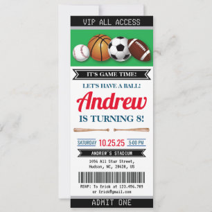 Invitación de cumpleaños con entrada para deportes