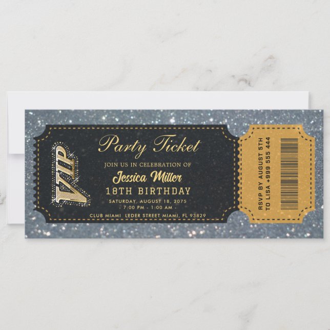 Invitación de cumpleaños con entrada VIP de oro de (Anverso)