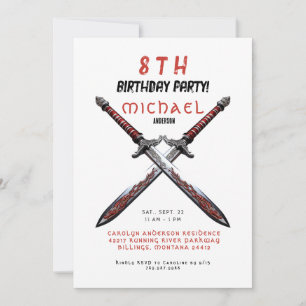 Invitación de cumpleaños con espadas rojas y blanc