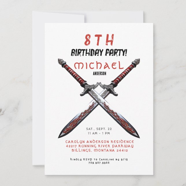 Invitación de cumpleaños con espadas rojas y blanc (Anverso)
