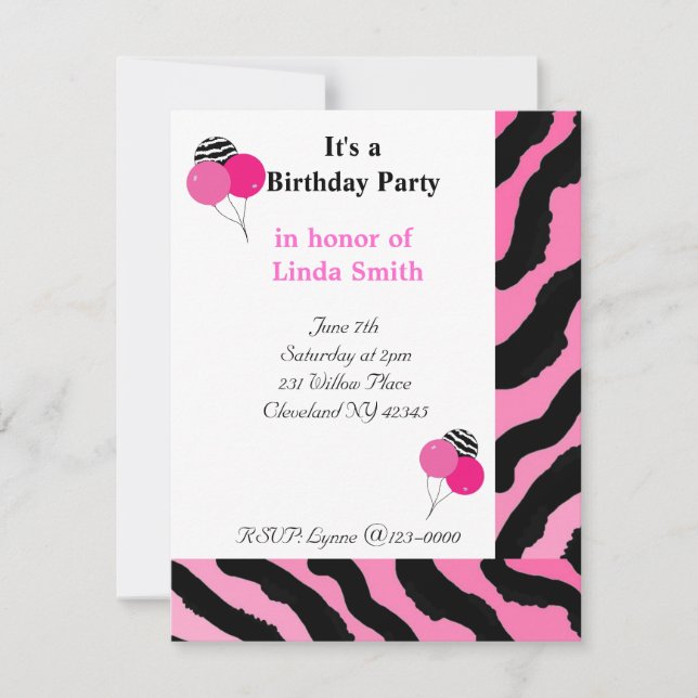Invitación de cumpleaños con estampado de cebra (Anverso)