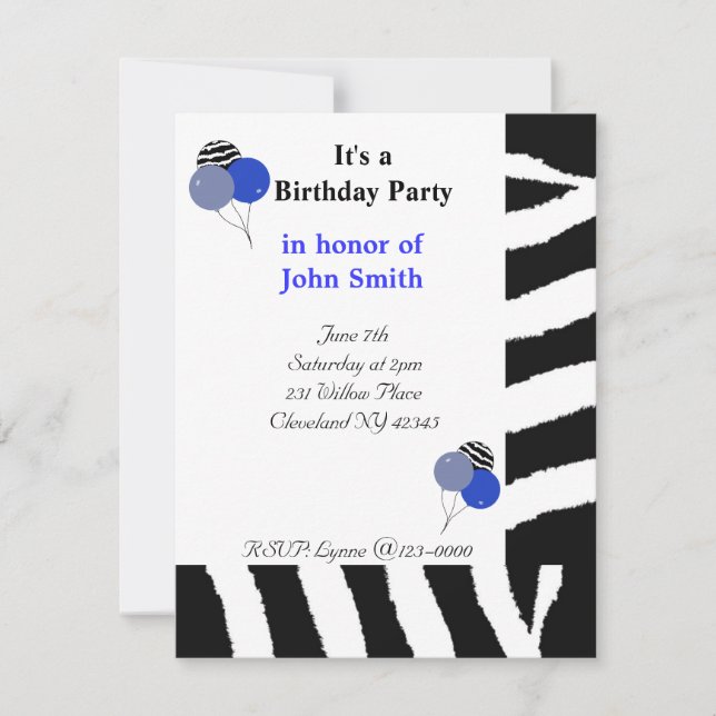 Invitación de cumpleaños con estampado de cebra (Anverso)