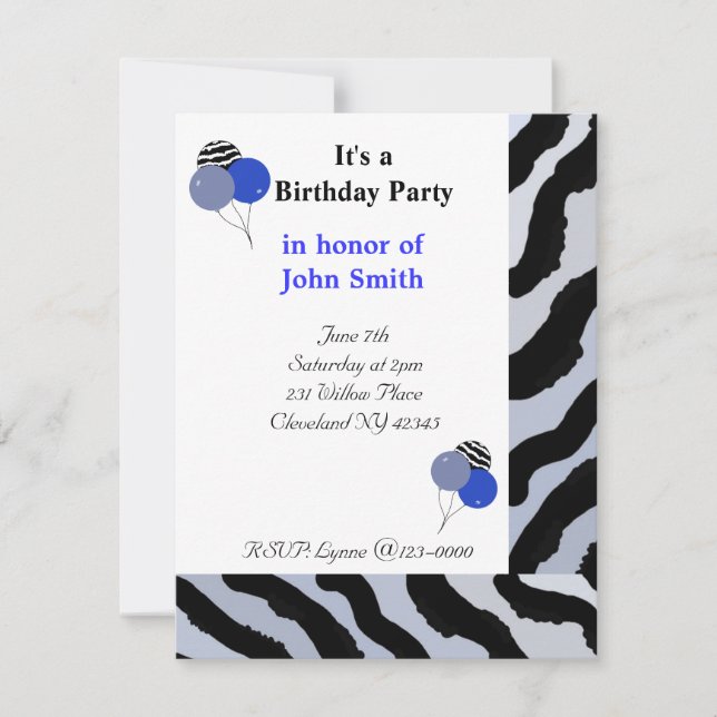 Invitación de cumpleaños con estampado de cebra (Anverso)