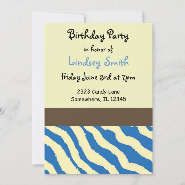 Invitación de cumpleaños con estampado de cebra az (Anverso)