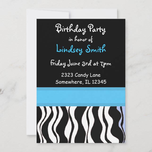 Invitación de cumpleaños con estampado de cebra az (Anverso)