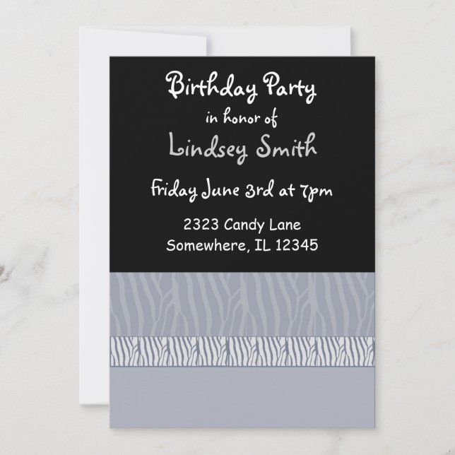 Invitación de cumpleaños con estampado de cebra gr (Anverso)