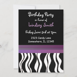 Invitación de cumpleaños con estampado de cebra pú