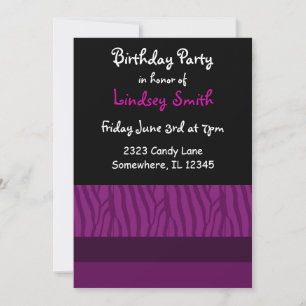 Invitación de cumpleaños con estampado de cebra pú