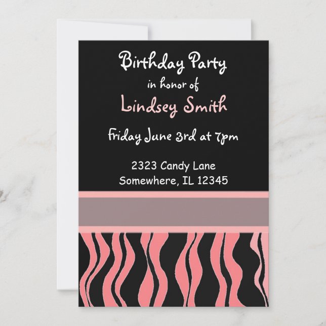 Invitación de cumpleaños con estampado de cebra ro (Anverso)