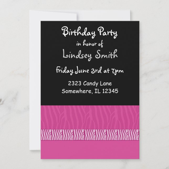 Invitación de cumpleaños con estampado de cebra ro (Anverso)