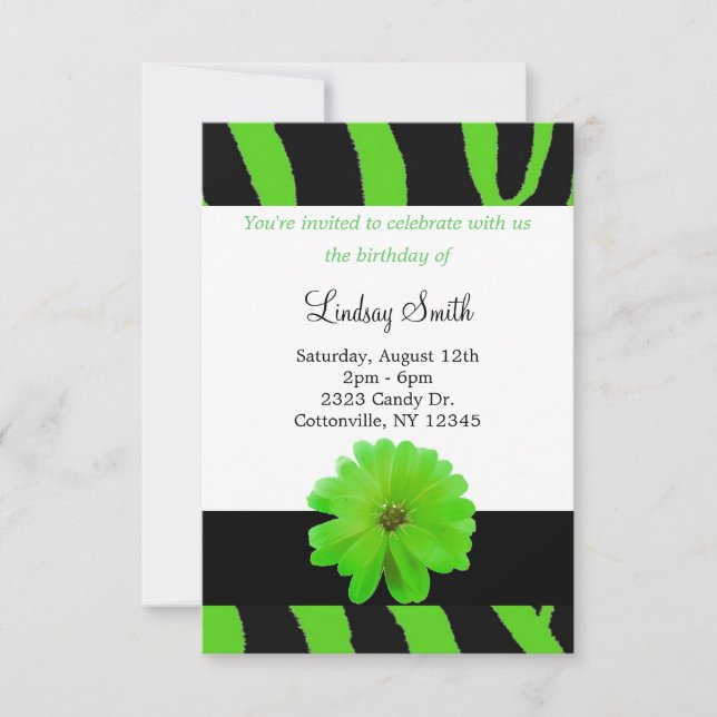 Invitación de cumpleaños con estampado de cebra y  (Anverso)