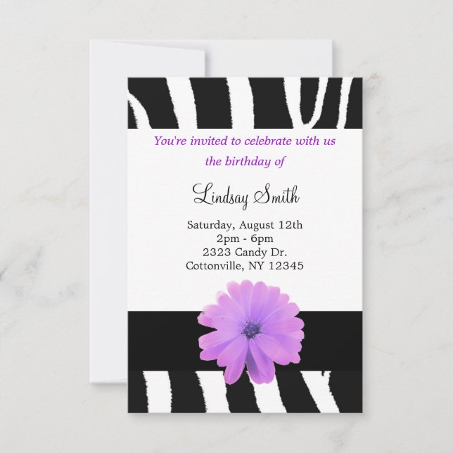 Invitación de cumpleaños con estampado de cebra y  (Anverso)