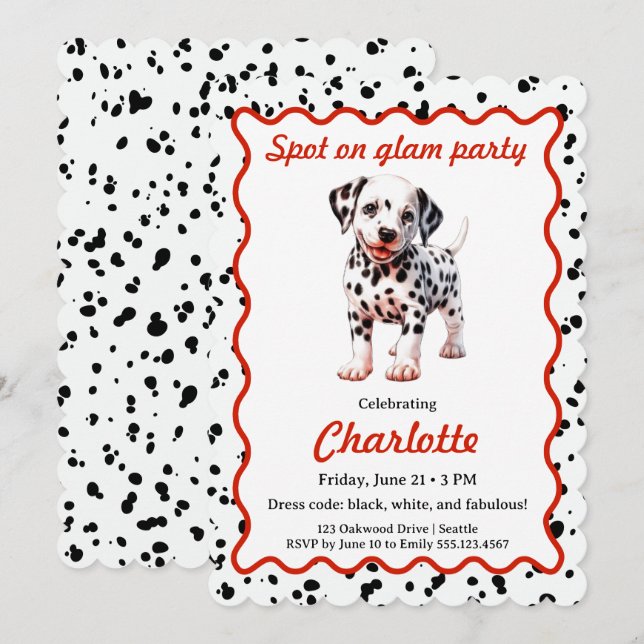 Invitación de cumpleaños con estampado de dálmata  (Anverso / Reverso)