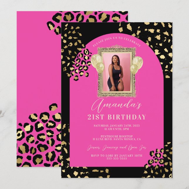 Invitación de cumpleaños con estampado de leopardo (Anverso / Reverso)
