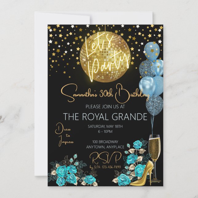 Invitación de cumpleaños con estilo Blue y Gold Fa (Anverso)