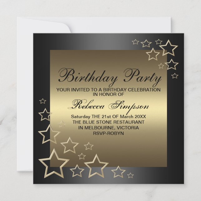 Invitación de cumpleaños con estrella de oro (Anverso)