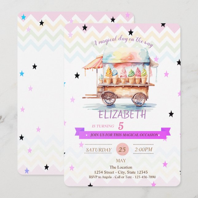 Invitación de cumpleaños con estrellas de helado e (Anverso / Reverso)