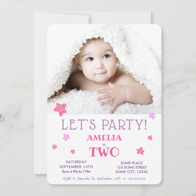 Invitación de Cumpleaños con Estrellas Rosadas Lin (Anverso)