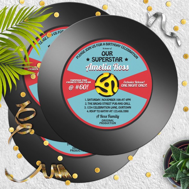 Invitación de cumpleaños con etiqueta de vinilo 45 (Subido por el creador)