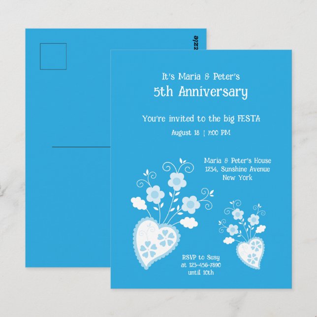 Invitación de cumpleaños con flor azul encantadora (Anverso / Reverso)