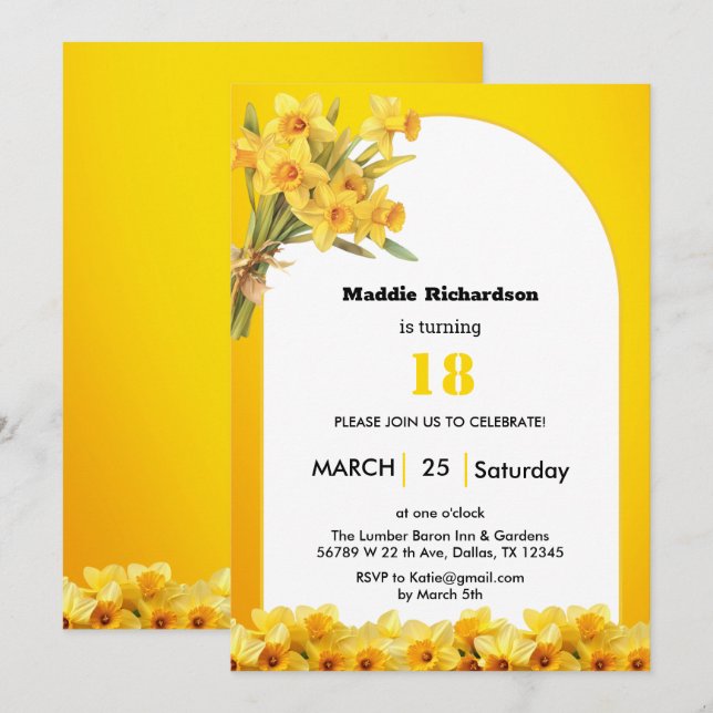 Invitación de cumpleaños con flor de marzo nacida  (Anverso / Reverso)
