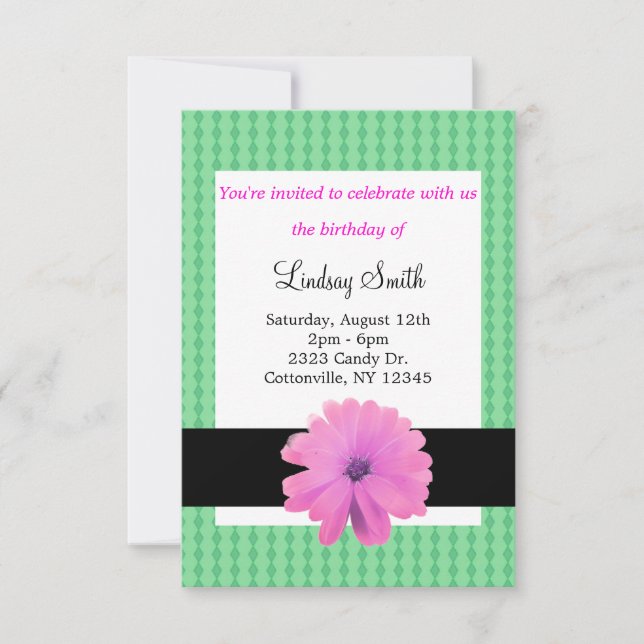 Invitación de cumpleaños con flor rosa y cinta neg (Anverso)