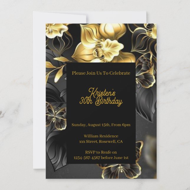 Invitación de cumpleaños con floración dorada (Anverso)