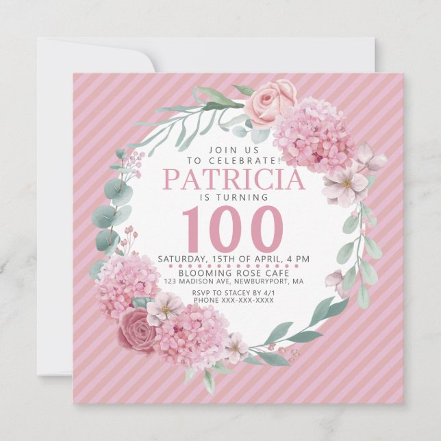 Invitación de cumpleaños con floración rosa a boni (Anverso)