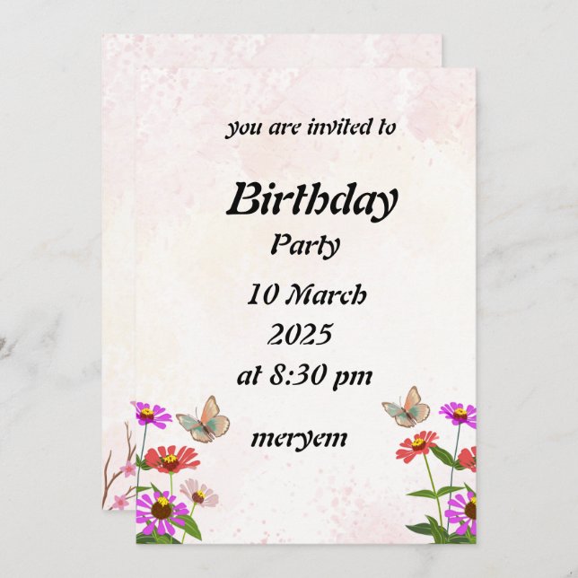 invitación de cumpleaños con Floral y mariposas (Anverso / Reverso)