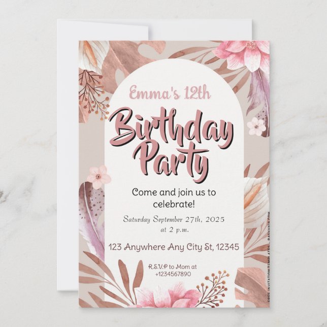 Invitación de cumpleaños con flores (Anverso)