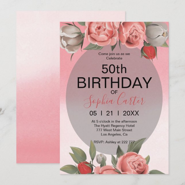 Invitación de cumpleaños con flores (Anverso / Reverso)