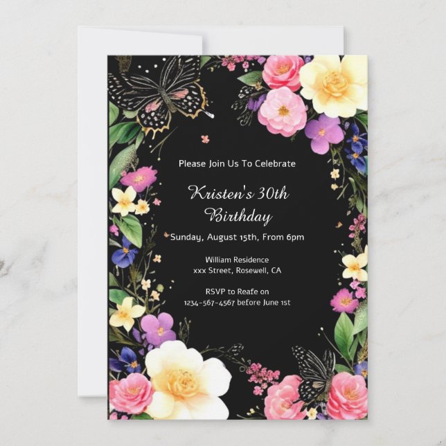Invitación de cumpleaños con flores (Anverso)