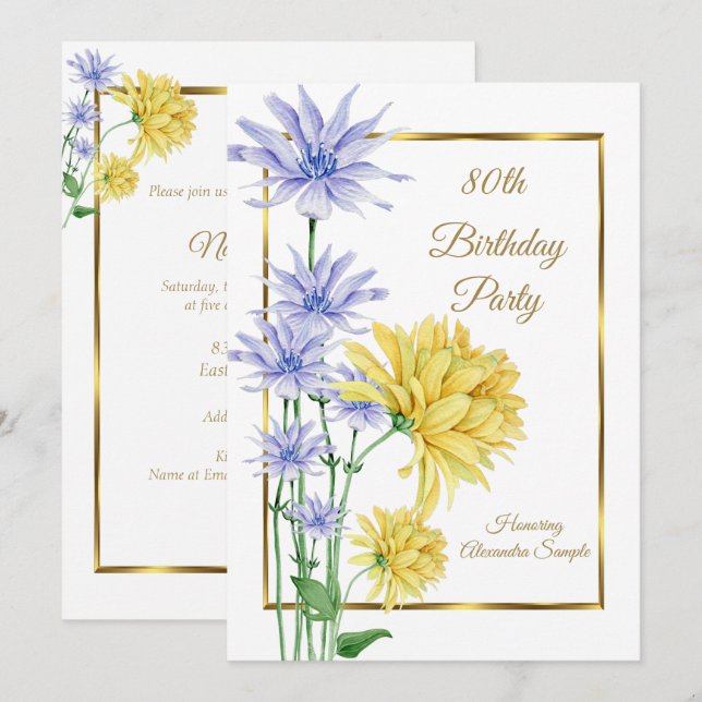 Invitación de cumpleaños con flores amarillas azul (Anverso / Reverso)