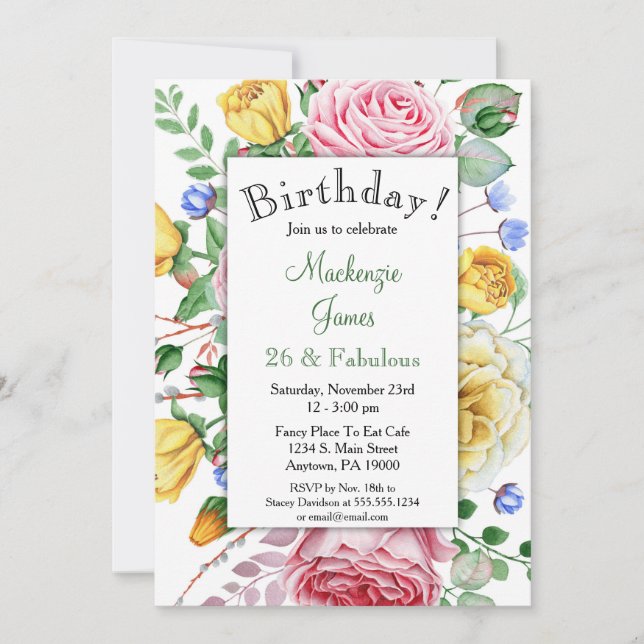 Invitación de cumpleaños con flores amarillas rosa (Anverso)