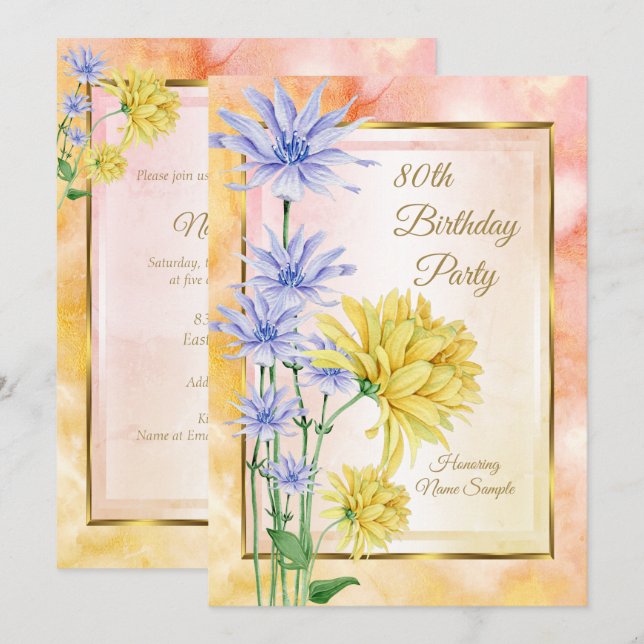 Invitación de cumpleaños con flores azules amarill (Anverso / Reverso)