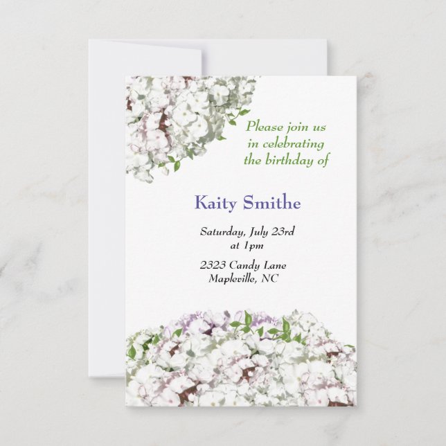 Invitación de cumpleaños con flores blancas (Anverso)