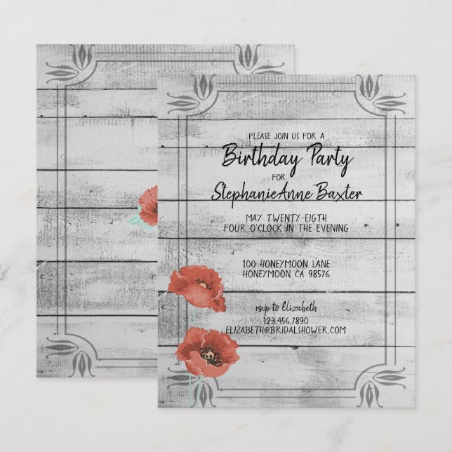 Invitación de cumpleaños con flores de amapola de  (Anverso / Reverso)
