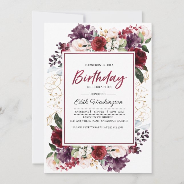 Invitación de cumpleaños con flores de Borgoña (Anverso)