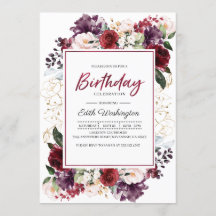 Invitación de cumpleaños con flores de Borgoña