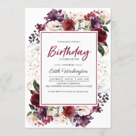 Invitación de cumpleaños con flores de Borgoña