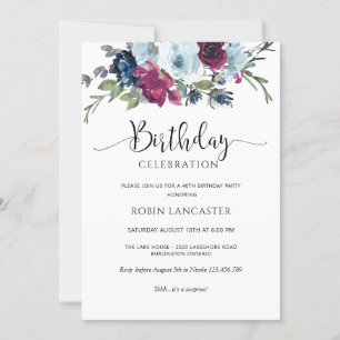 Invitación de cumpleaños con flores de borgoña, az