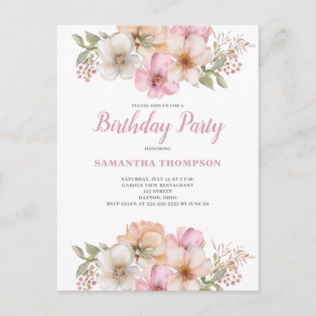 Invitación de cumpleaños con flores de color rosa (Anverso)