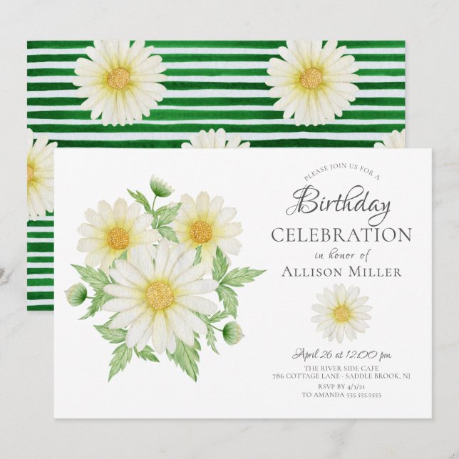 Invitación de cumpleaños con flores de margarita f (Anverso / Reverso)